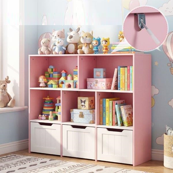 3 aukštų medinė vaikiška žaislų spintelė su 3 stalčiais ant ratukų, 5 skyriais